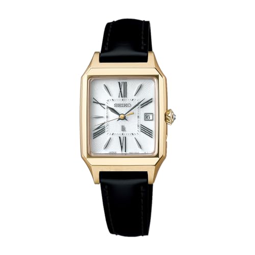 Seiko Women's Wristwatch, Lucia Square Design, Solar Radio, Case: Lady Gold, Band: Black (Calf Leather), Grow Collection