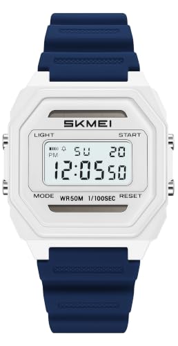 Gosasa Men's Solar Digital Sports Watch 10mm Ultra Thin 5ATM (White Blue)